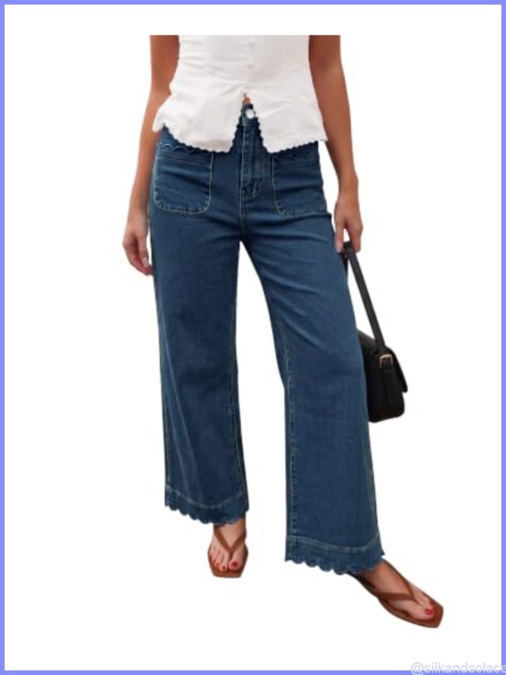 High Waisted Wide Leg Stretchy Ankle Jeans Scalloped Hem